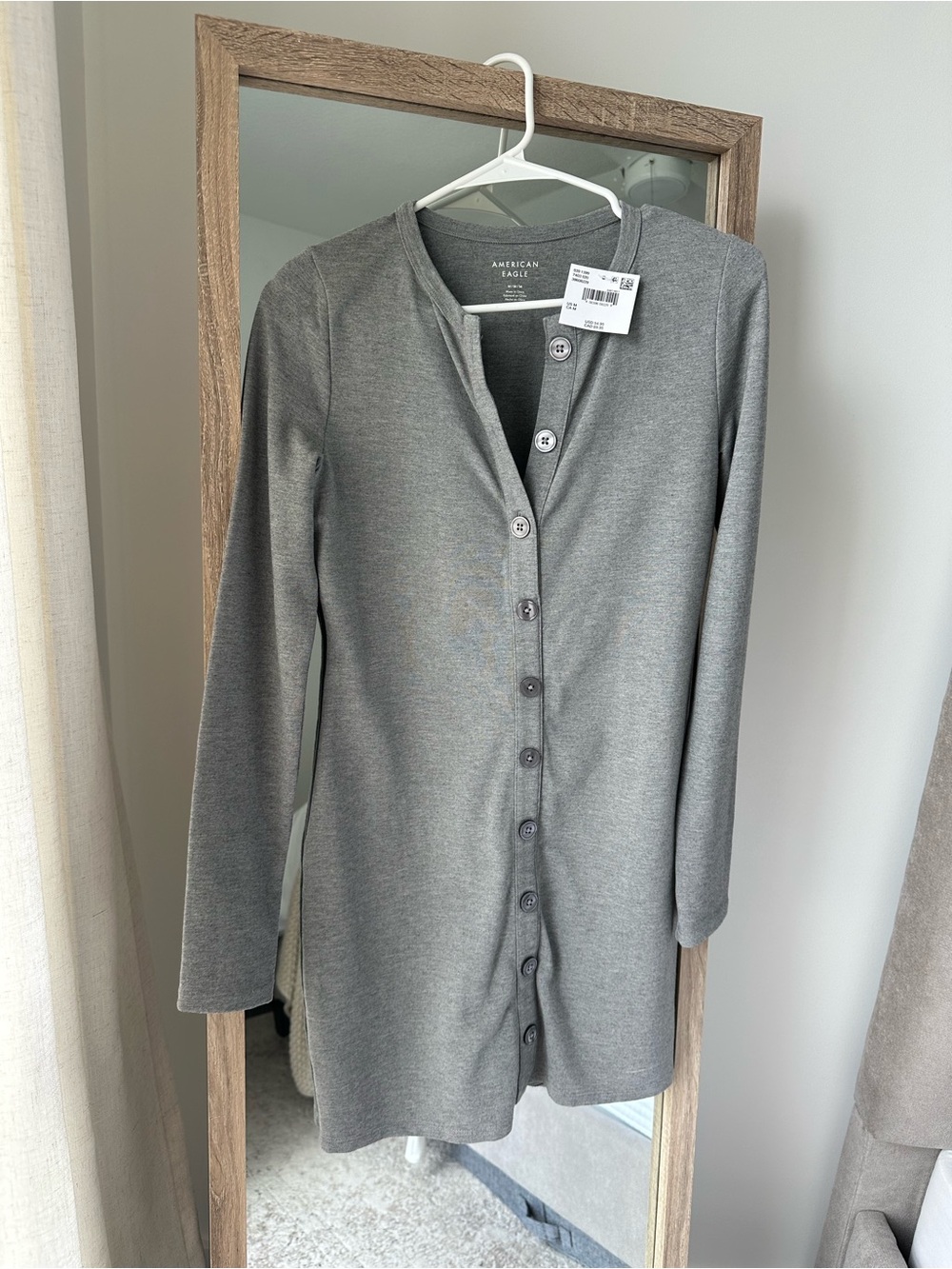 NWT American Eagle Women's Gray Button-Front Long Sleeve Dress